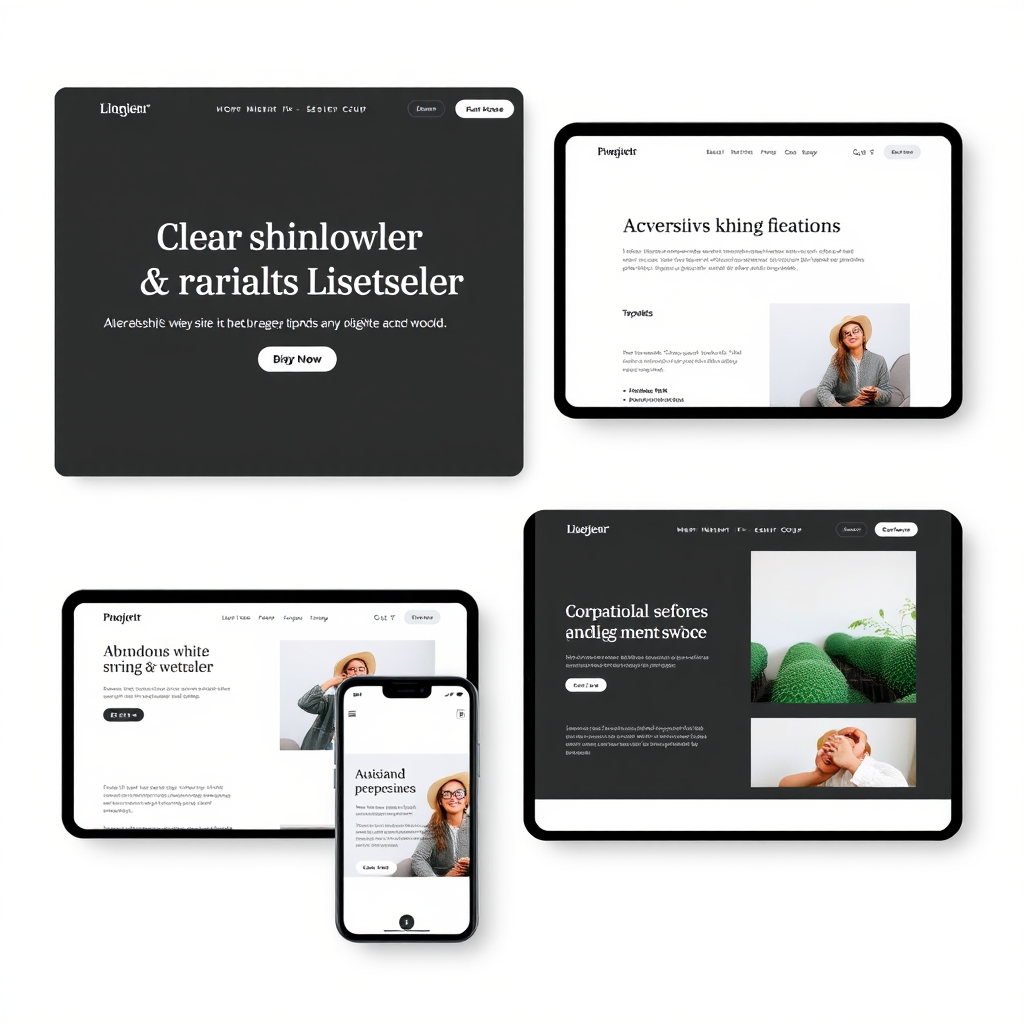 Modern minimalist website design showcase displaying clean typography, abundant white space, and professional layout on multiple device screens