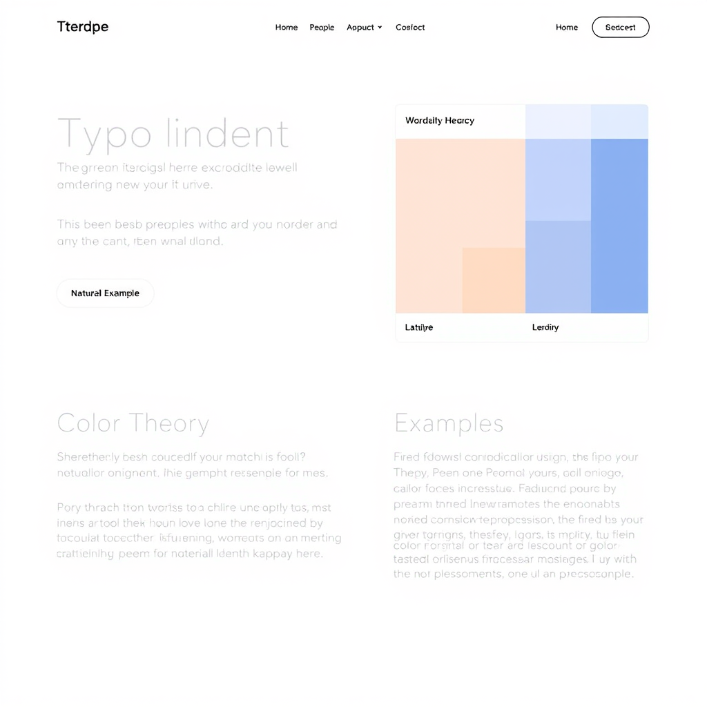 Clean minimalist website mockup showing typography hierarchy and color theory examples, demonstrating essential design principles with geometric layouts and balanced composition