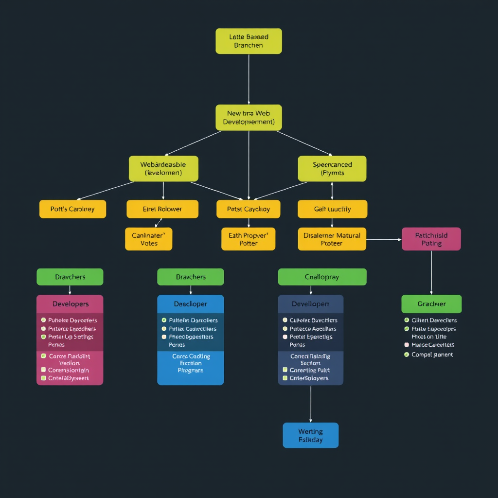 Git workflow diagram showing branching, merging, and collaboration patterns with multiple developers working on a web development project