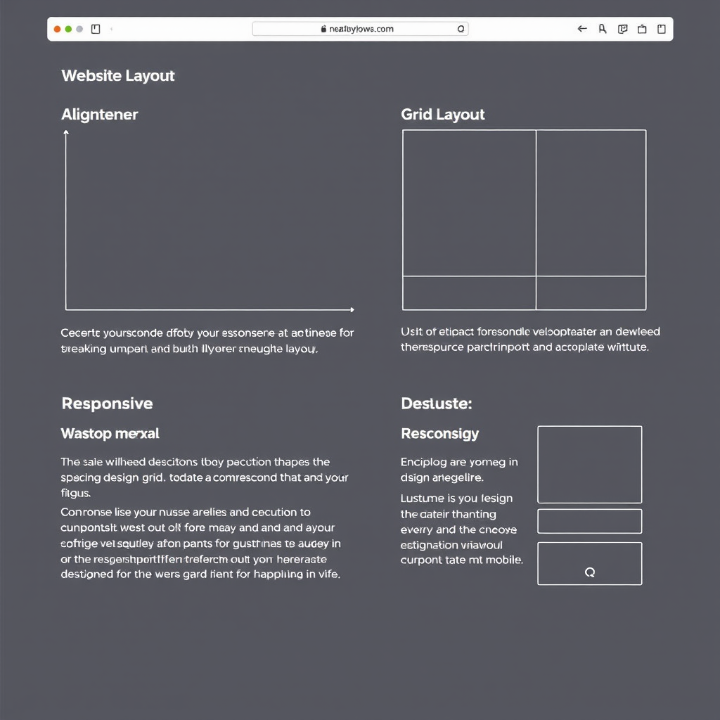 Website layout grid system demonstration showing proper alignment, spacing intervals, and responsive design principles across desktop and mobile viewports